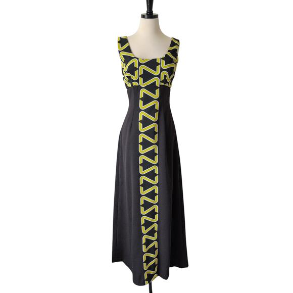 Vintage 60s 70s Black Maxi Dress Yellow Groovy Hippie Disco Empire Waist Mod MCM - Picture 1 of 11